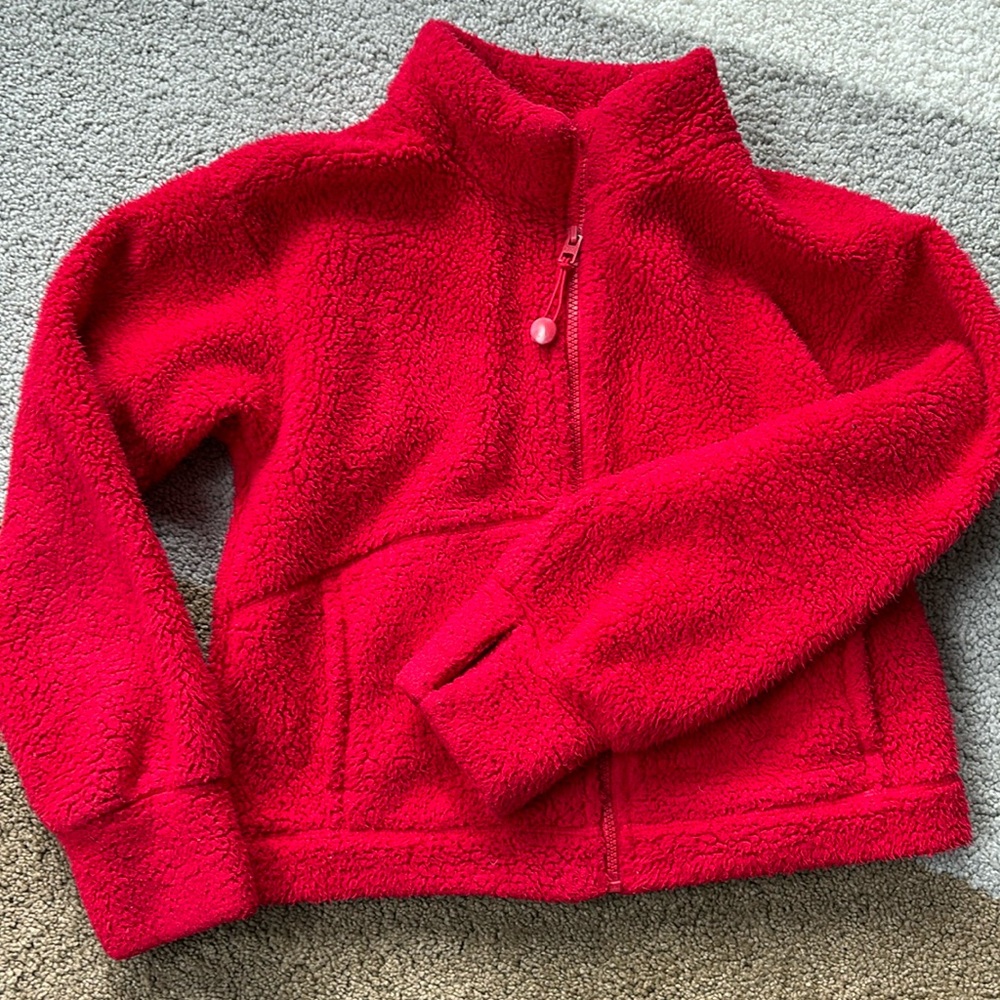 Red fuzzy fleece zip up jacket, size large Athleta girl